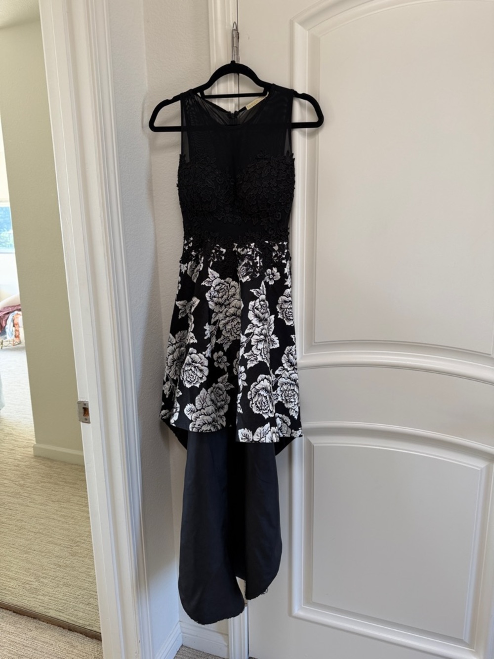 Issue New York Black Lace Bodice with Black & White Floral High-Low Skirt